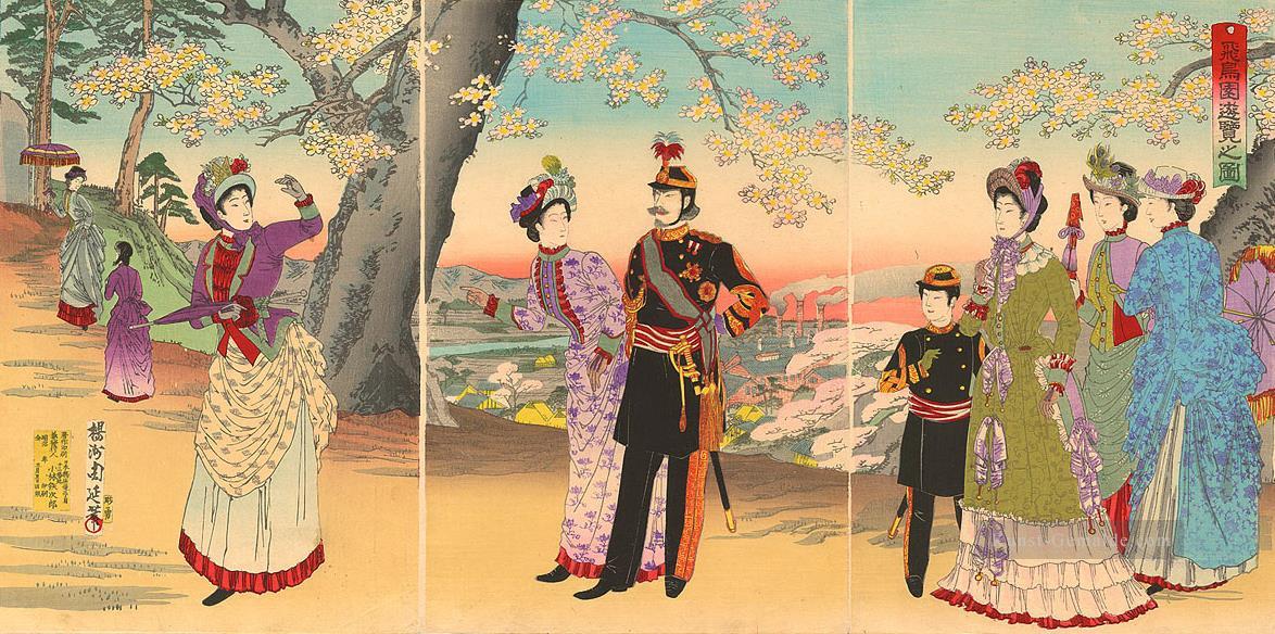 Der Kaiser Kaiserin Kronprinz und Hofdamen auf einem Ausflug in den Asuka Park Toyohara Chikanobu Ölgemälde
